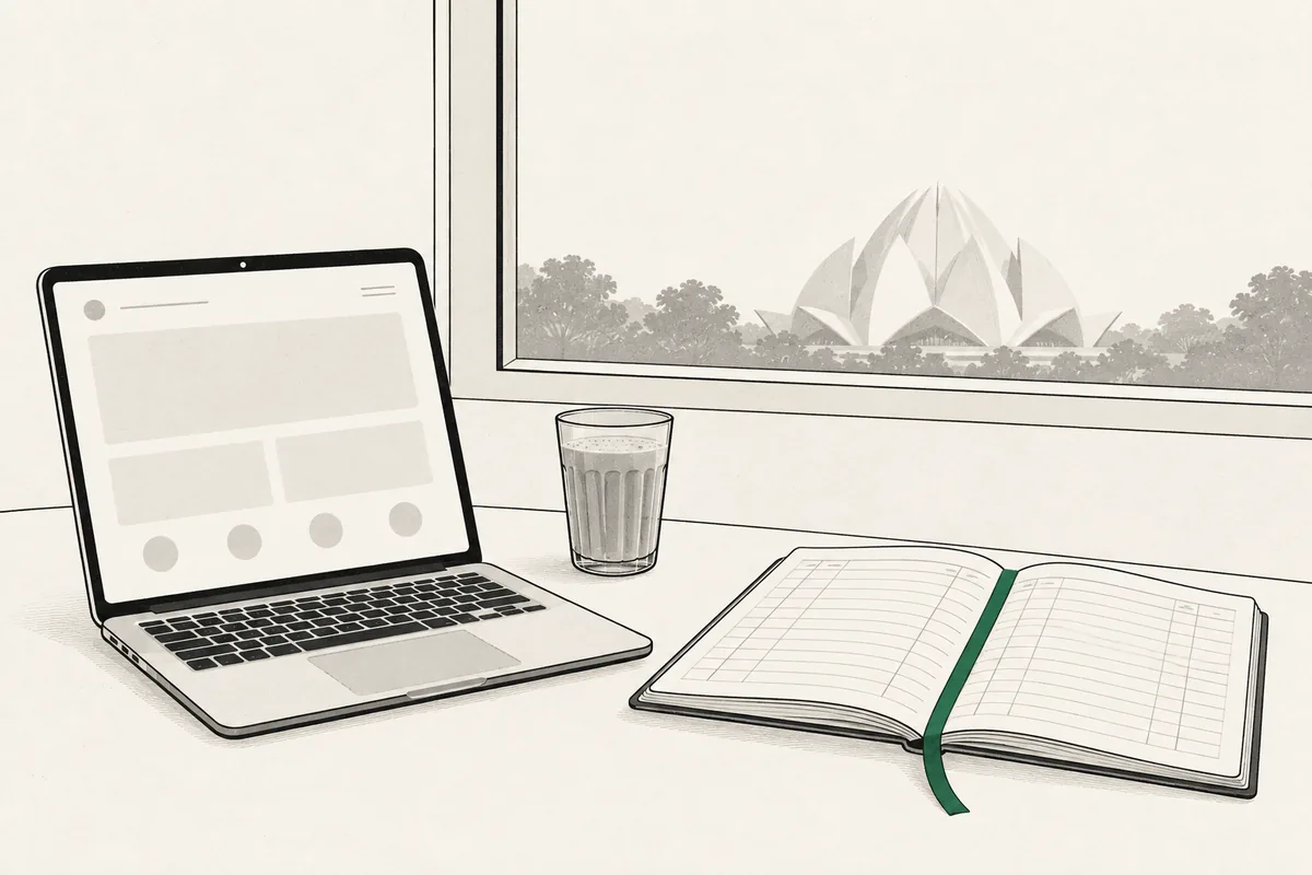 Illustration: a laptop, a glass of chai and a ledger notebook on a desk in Kalkaji, the Lotus Temple through the window