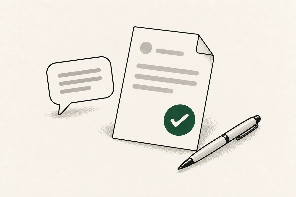 Illustration: a three-line chat bubble beside a quote document with a green tick, and a pen