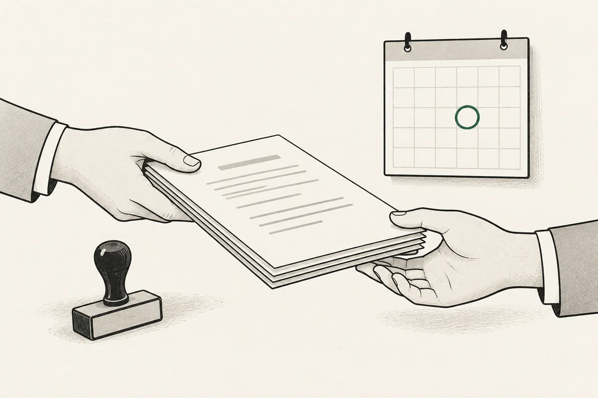 Illustration: a stack of finished pages handed across a desk, a rubber stamp, and a calendar with one day circled in green