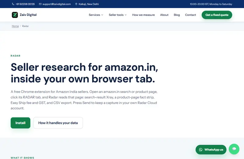 The Radar extension page for amazon.in seller research
