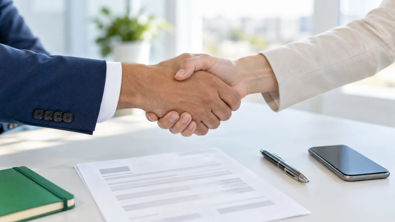 Two people shaking hands over a signed document on a desk, with a pen, a phone and a notebook beside it