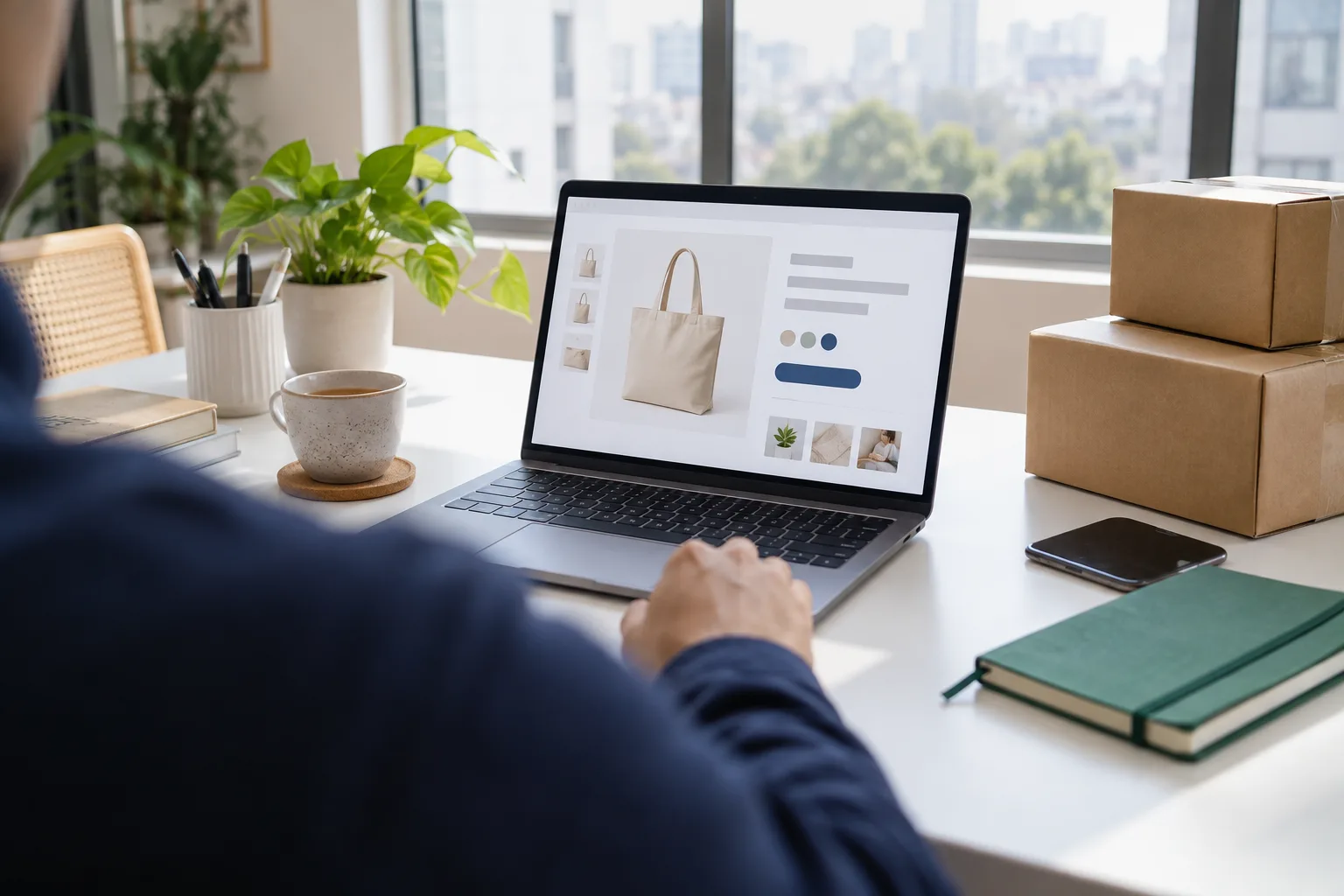 A person seen from behind at a desk, one hand on a laptop showing a product page, with shipping boxes beside it