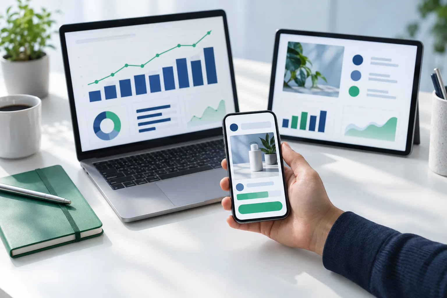 Ad performance dashboards open on a laptop, tablet and phone, charts trending up