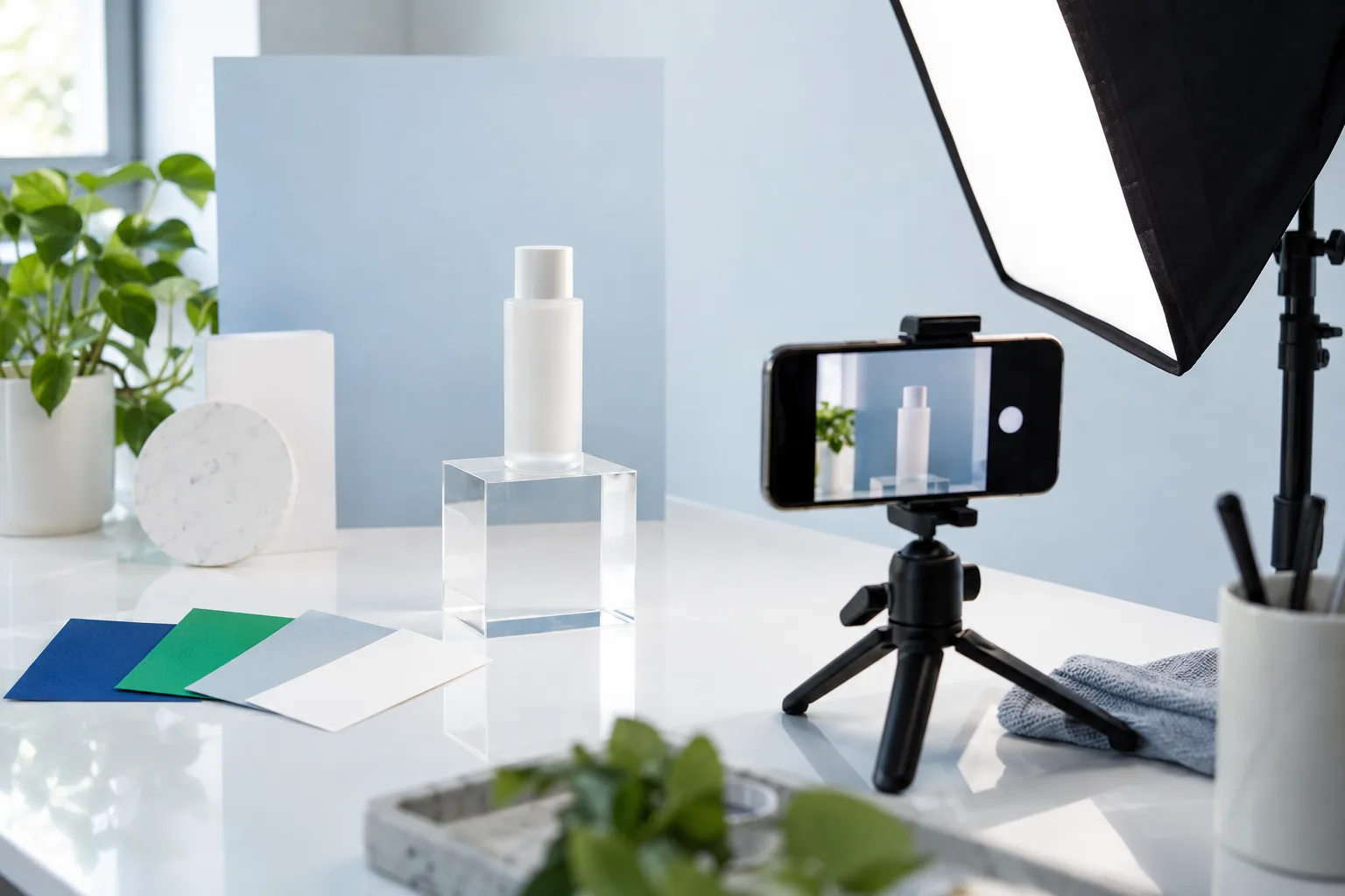 A product being lit and photographed on a small set, phone on a tripod