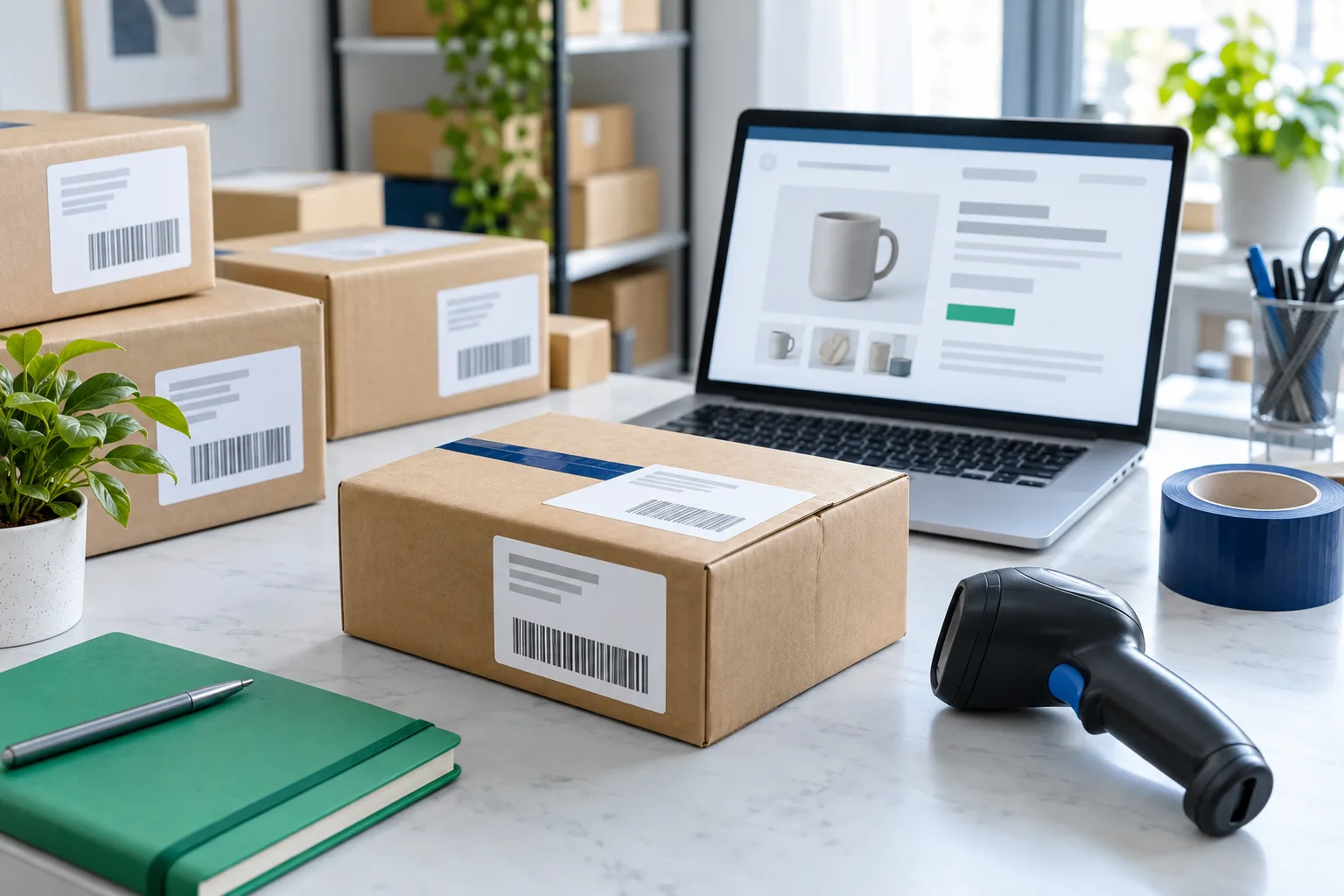Labelled shipping boxes beside a marketplace listing open on a laptop