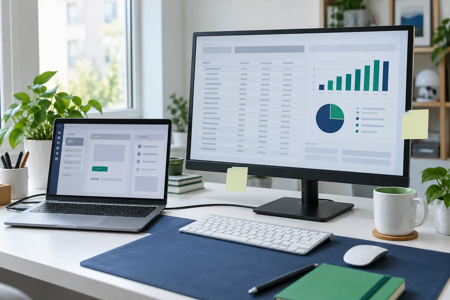 A custom data dashboard open on a desktop monitor beside a laptop
