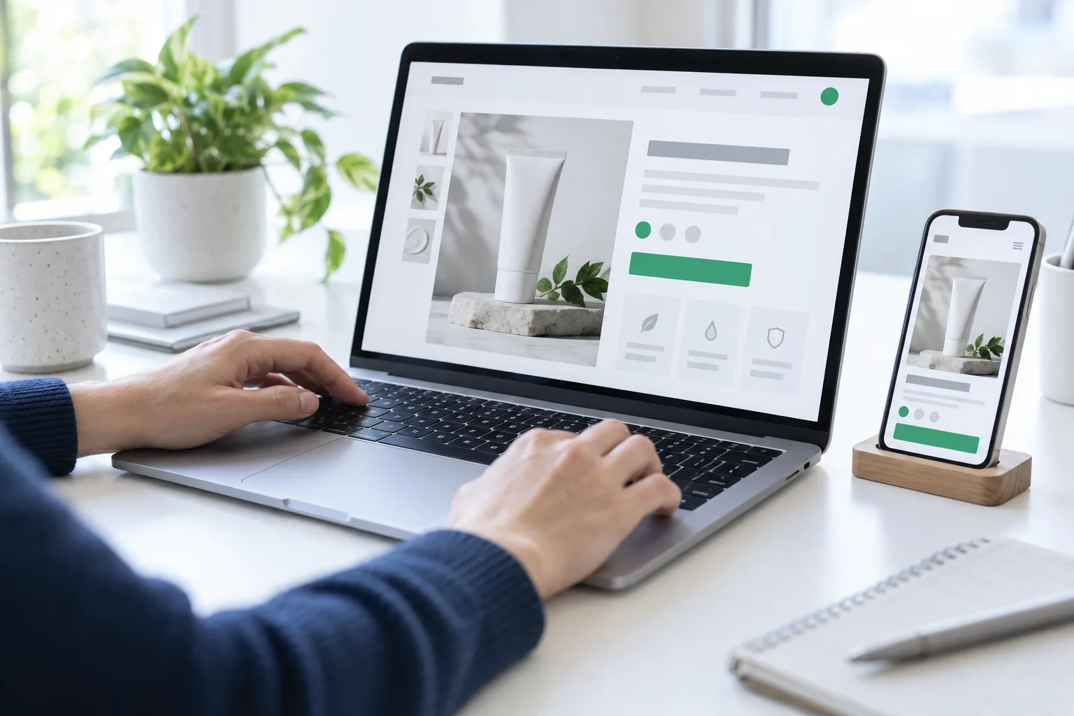 A product page open on a laptop, mirrored on a phone beside it