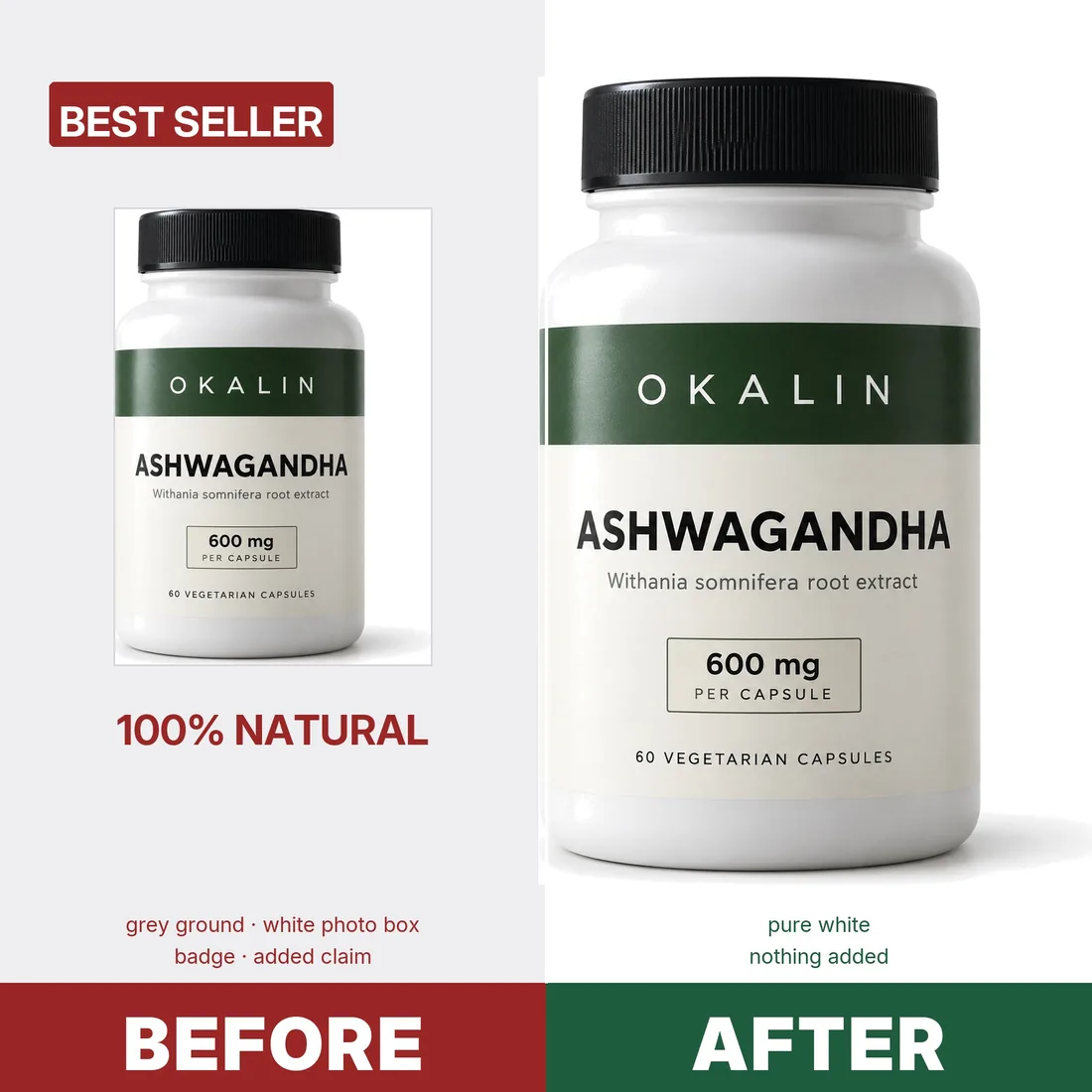 A supplement bottle before, on a grey ground with an added badge, and after, on pure white with nothing added