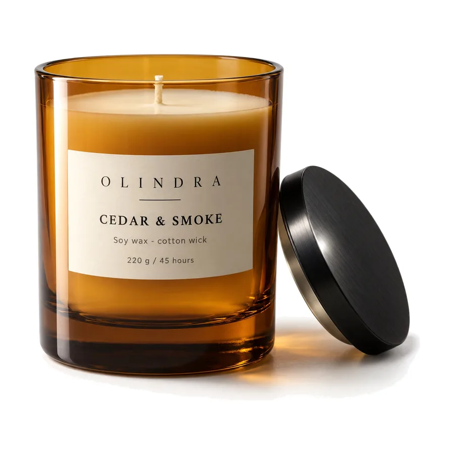 A candle in an amber glass on a white background, a demo product main image