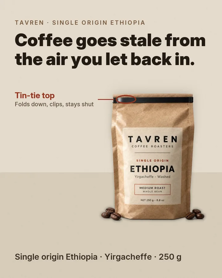 A static social ad for the demo brand TAVREN: a coffee bag and the line coffee goes stale from the air you let back in